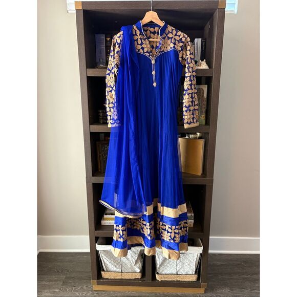 Indian Blue & Gold Embroidered Anarkali Dress Set with Dupatta & Churidar Pants